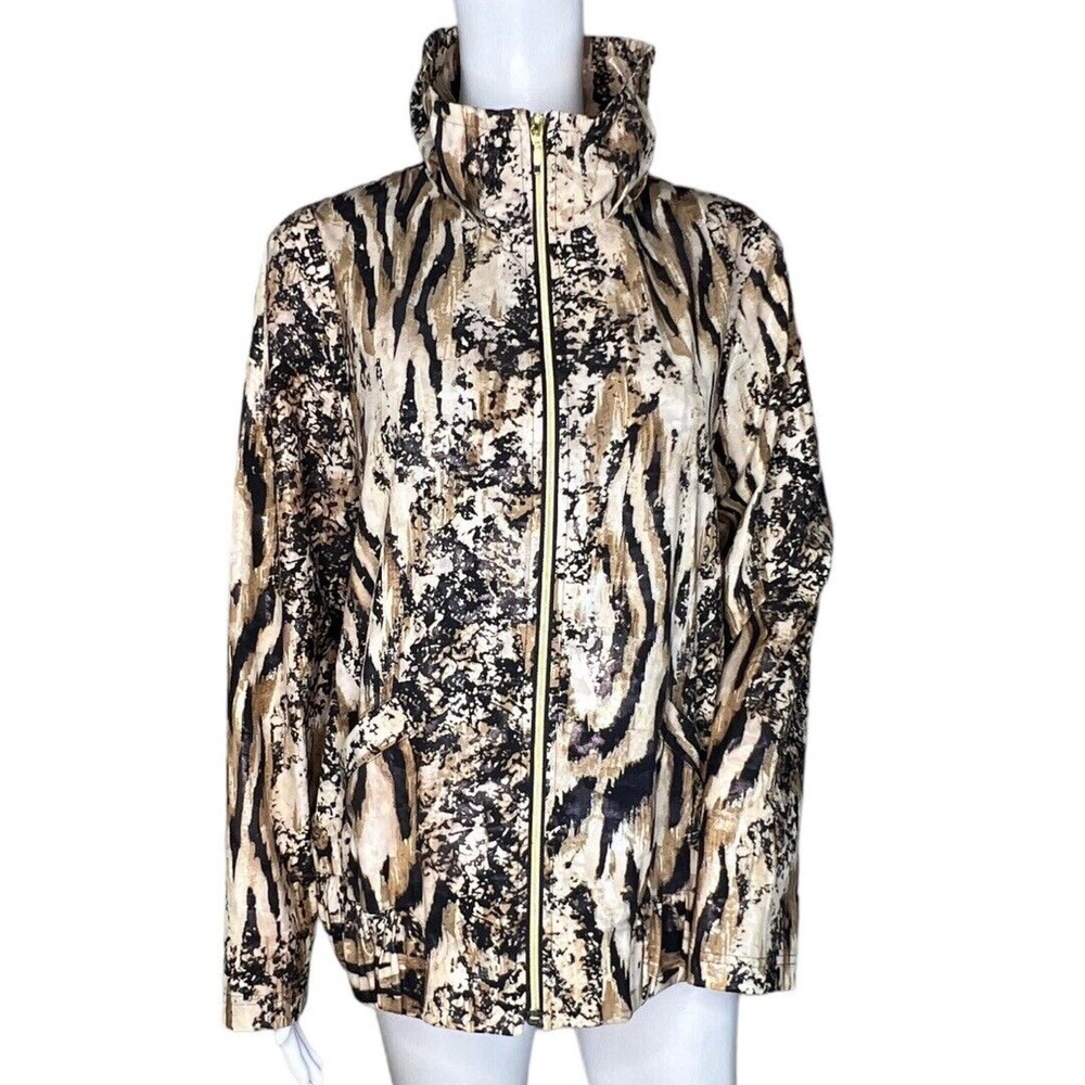 Chicos Jacket Womens Large 2 Black Cream Mixed Print Tiger Gold Shimmer Zenergy
